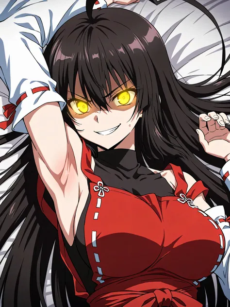 masterpiece, best quality, amazing quality, anime screencap, anime coloring, 1girl, solo, sendai hakurei no miko, black hair, huge ahoge, very long hair, (muscular female:0.8), yellow eyes, glowing eyes, large breasts, leotard under clothes, black leotard,...