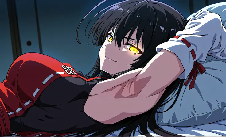 masterpiece, best quality, amazing quality, anime screencap, anime coloring, 1girl, solo, sendai hakurei no miko, black hair, huge ahoge, very long hair, (muscular female:0.8), yellow eyes, glowing eyes, large breasts, leotard under clothes, black leotard,...