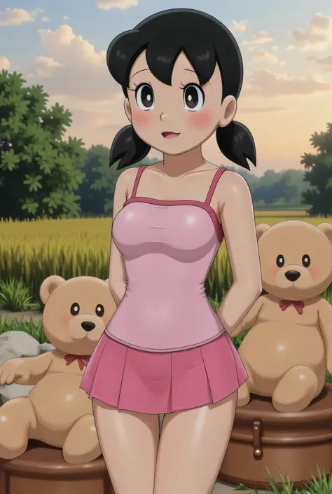 Cute Small, Visible female panties, front posing, ("Facial expression in Happy big Orgasm"), Both hands lying behind the back, (photorealistic:1.6), background rice paddy. Waktu Senja atmosphere, (((please don't showing any finger!!!))), (BARING DIATAS TIG...