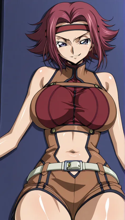  code gias: Lelouch of the Rebellion/Kallen Stadtfeld, blue eyes, Red hair, short hair,
Red hair, Spike Hair, short hair, side lock, blue eyes, Red Headband, bare skin shoulders, red turtleneck from above, sleeveless turtleneck on the back, Brown Jumpsuit,...