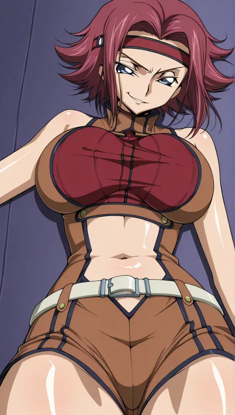 code gias: Lelouch of the Rebellion/Kallen Stadtfeld, blue eyes, Red hair, short hair,
Red hair, Spike Hair, short hair, side lock, blue eyes, Red Headband, bare skin shoulders, red turtleneck from above, sleeveless turtleneck on the back, Brown Jumpsuit,...