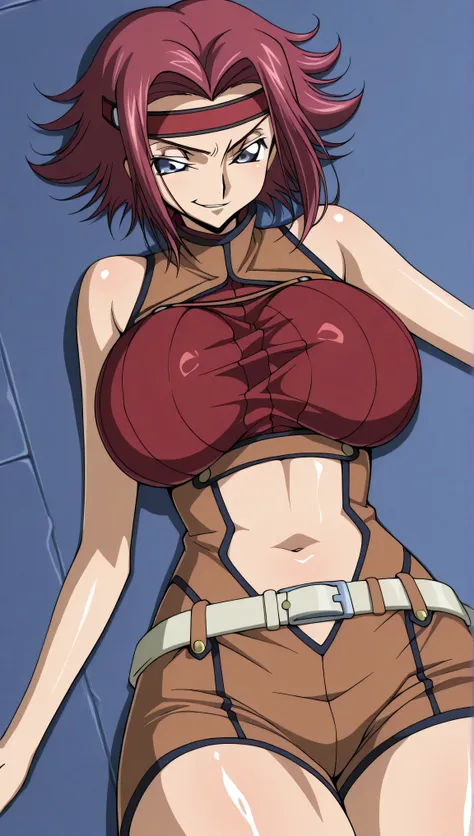 code gias: Lelouch of the Rebellion/Kallen Stadtfeld, blue eyes, Red hair, short hair,
Red hair, Spike Hair, short hair, side lock, blue eyes, Red Headband, bare skin shoulders, red turtleneck from above, sleeveless turtleneck on the back, Brown Jumpsuit,...