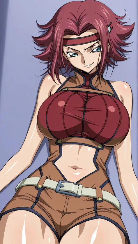  code gias: Lelouch of the Rebellion/Kallen Stadtfeld, blue eyes, Red hair, short hair,
Red hair, Spike Hair, short hair, side lock, blue eyes, Red Headband, bare skin shoulders, red turtleneck from above, sleeveless turtleneck on the back, Brown Jumpsuit,...