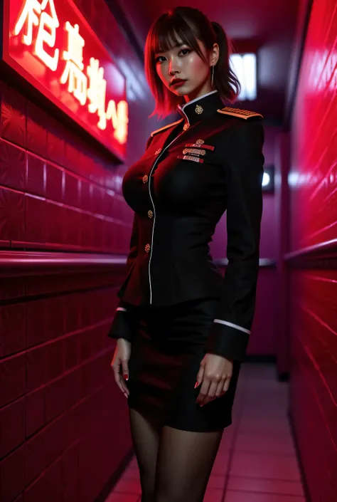 Female marine captain wearing a command uniform, strict uniform.
Tight-fitting pencil skirt, thighs wearing pantyhose, stiletto heels.
She is a super beautiful Japanese commander, looks like a intimidating dominatrix, closed mouth, condescending gaze, star...