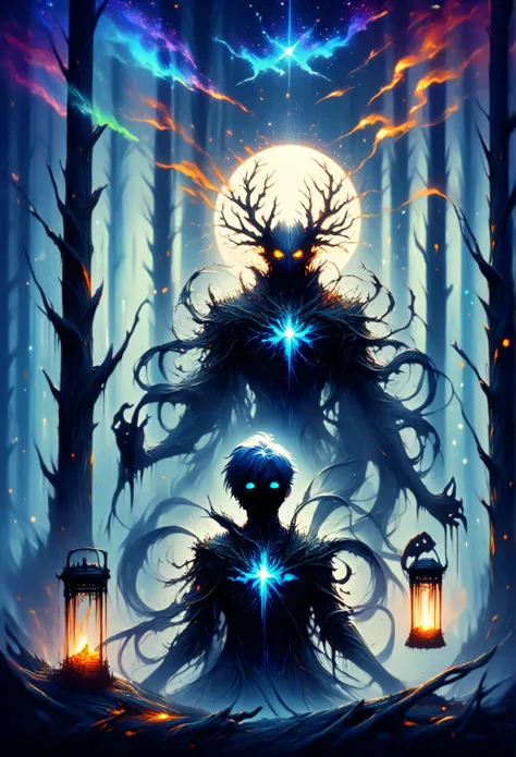The overall composition:
- the background is divided in half:  
  contemporary (The Beautiful World ): A blue night sky with sparkling stars and a silver moon, illuminated by ancient oak trees with golden leaves, with a quiet lake that reflects the light. ...