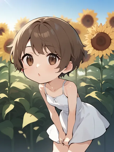 score_9, score_8_up, score_7_up, Source_Anime, nsfw，( chibi:1.3)， (small 、-like face，   big head，Observing a Round Face，skinny:1.3，brown hair, short hair, Dry hair, summer dress that lets light through, white dress, Sunflower   field, Outdoors, beautiful g...
