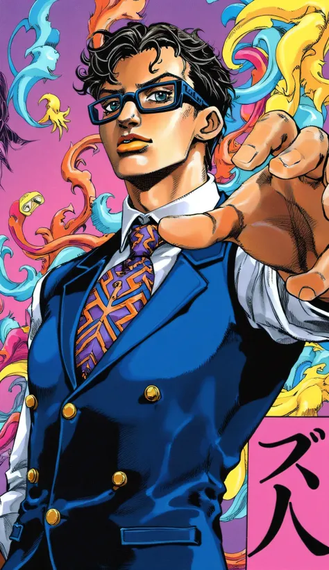 Epic portrait of Chamber from Valorant in the iconic manga style of Hirohiko Araki (JoJo’s Bizarre Adventure). Chamber is shown from the chest up in a dynamic, powerful pose — his torso turned slightly, shoulders squared, with one hand dramatically reachin...