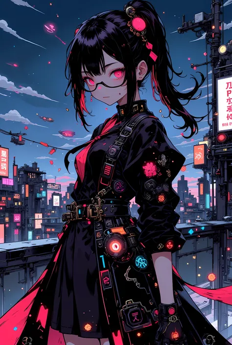 anime style, mid-shot, a black-haired girl with sleek side ponytail and thin-rimmed glasses, wearing a customized dark sailor uniform infused with magical elements — high collar, crimson lining, metallic arcane circuits running through the fabric, black le...