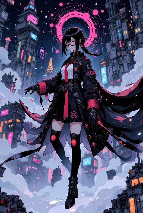 anime style, low-angle full body shot, a black-haired girl with a sharp side ponytail and glasses, floating mid-air above a futuristic city at night, wearing a modified dark sailor uniform with long coat-like tails, glowing red and silver magical circuitry...