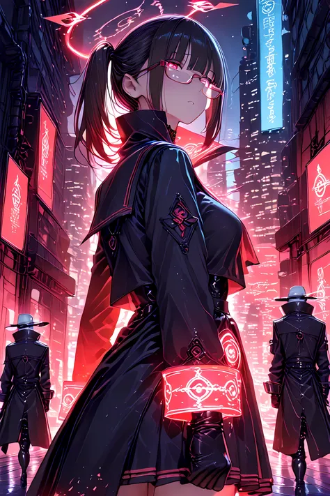anime style, mid-shot, a black-haired JK girl with sleek side ponytail and thin-rimmed glasses, wearing a customized dark sailor uniform infused with magical elements — high collar, crimson lining, metallic arcane circuits running through the fabric, black...