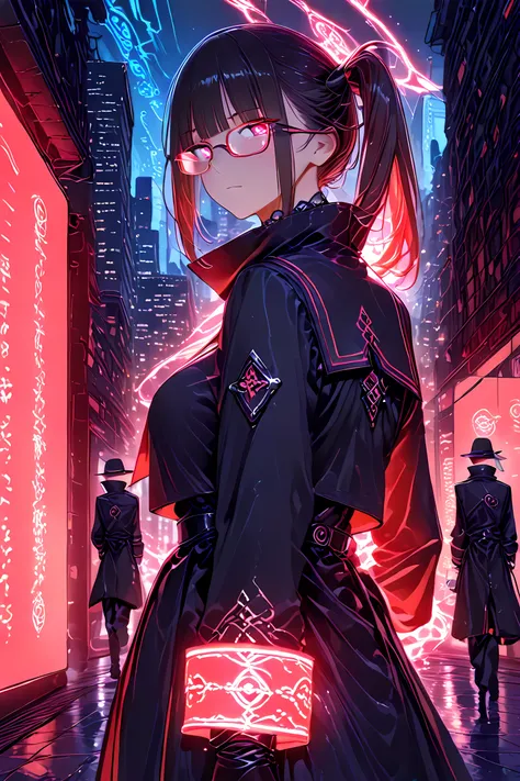 anime style, mid-shot, a black-haired JK girl with sleek side ponytail and thin-rimmed glasses, wearing a customized dark sailor uniform infused with magical elements — high collar, crimson lining, metallic arcane circuits running through the fabric, black...