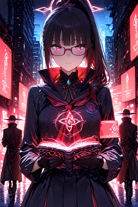 anime style, mid-shot, a black-haired JK girl with sleek side ponytail and thin-rimmed glasses, wearing a customized dark sailor uniform infused with magical elements — high collar, crimson lining, metallic arcane circuits running through the fabric, black...