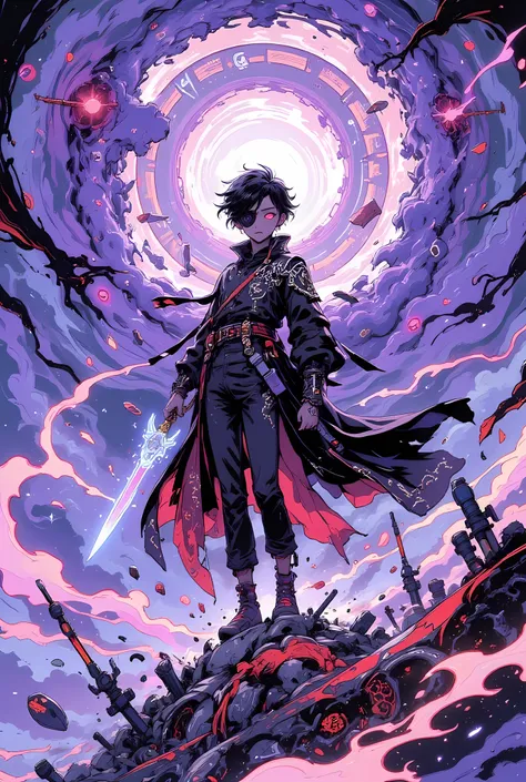 anime style, full-body dynamic shot of a teenage boy with delusional dark-fantasy aesthetics, stepping through a massive dimensional rift in the sky, surrounded by swirling violet clouds and floating debris, his black trench coat with silver trims flutteri...