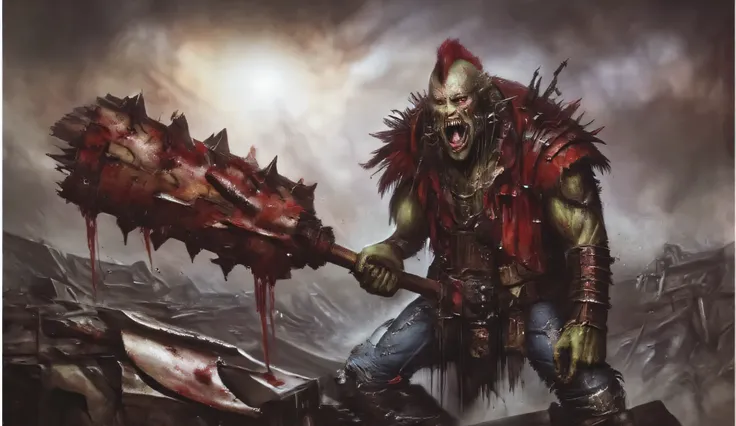 a warhammer green orc with a red mohawk. he has a large baseball bat with nails in his hands, which is covered in blood. the orc is muscular, with red eyes and red pulsating veins. saliva is spilling from his mouth. he is wearing a red sleeveless jacket an...