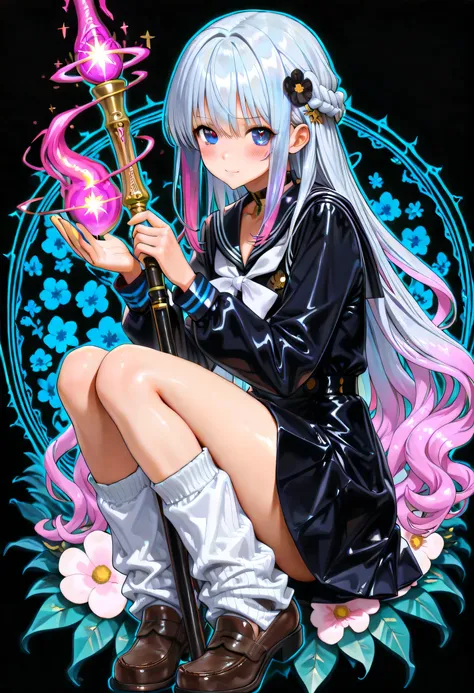 1girl,(((pretty face、face)))、(((best details、Best Composition、top quality、highest masterpiece、Super Detailed、High precision in selection、CG、HHD、32K)))、(((seven translucent hair colors)))、(((unique and only cute long hairstyle)))、(((simple black Japanese pa...