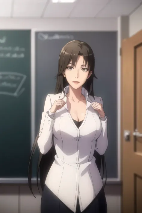 please draw his expression more delicately，Please draw a picture of a teacher standing alone in front of a blackboard，instructor，，white blouse，navy blue miniskirt,，OL ，long black hair，Let's draw a more delicate expression，Smiling lovely woman，,don't cut ou...