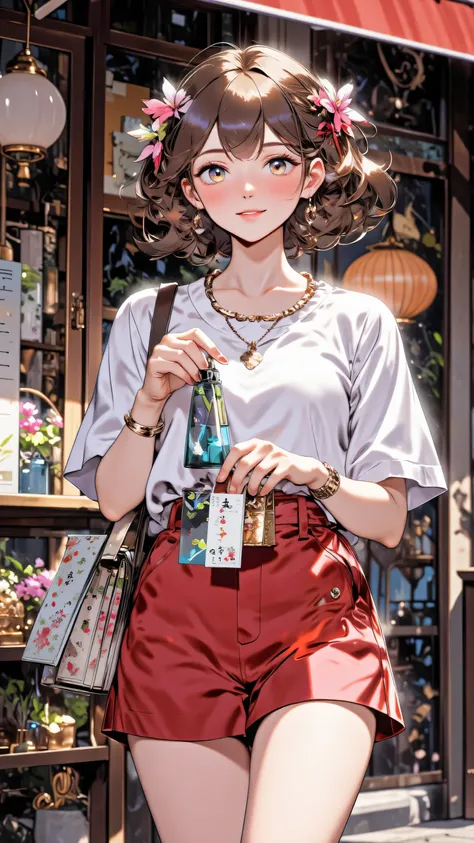 high resolution images in front of the teacher、Funny Women、Attractive Young Woman、flower hair ornament、Japanese Beauties、red short skirt、pink shirt、Disney resort in the background、with lots of souvenirs in hand