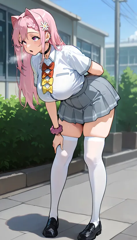 ( full body shot ), ((( front view))), , (boy with visible ribs), girls on the left, fit girl, mkhekare, 1girl, solo, bangs, pink eyes, long hair, hair intakes, braid, hair flower,large breasts, earrings, ear piercing, source_anime, masterpiece,Highest qua...