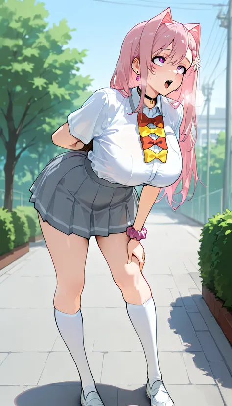 ( full body shot ), ((( front view))), , (boy with visible ribs), girls on the left, fit girl, mkhekare, 1girl, solo, bangs, pink eyes, long hair, hair intakes, braid, hair flower,large breasts, earrings, ear piercing, source_anime, masterpiece,Highest qua...
