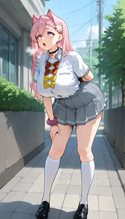 ( full body shot ), ((( front view))), , (boy with visible ribs), girls on the left, fit girl, mkhekare, 1girl, solo, bangs, pink eyes, long hair, hair intakes, braid, hair flower,large breasts, earrings, ear piercing, source_anime, masterpiece,Highest qua...