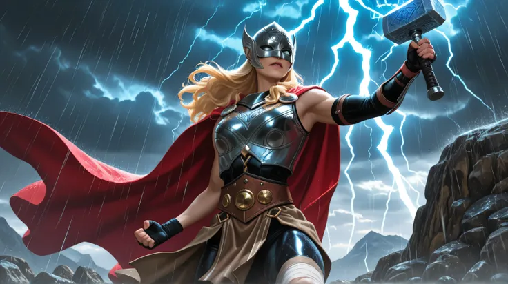 raising the Mjolnir hammer up, lightning, electricity, janef, long hair, cape, breastplate, mask, helmet, belt, skirt, pelvic curtain, leggings, single bracer, bandaged legs, fingerless gloves, pretty straight face, very close, rain, thunder, epic, mountai...