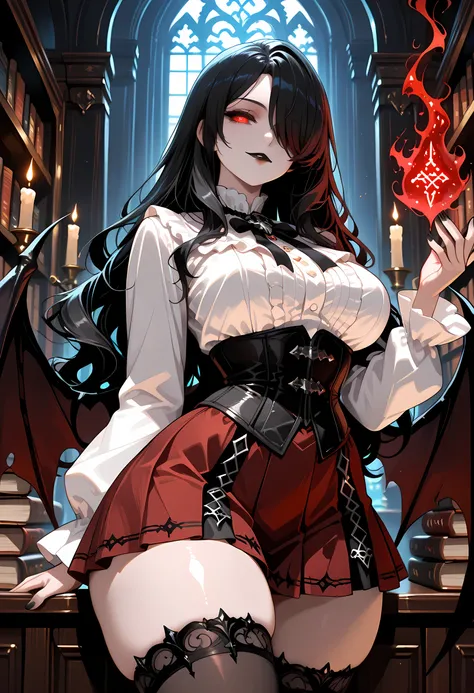 (masterpiece, detailed:1.2), intricate details, natural light, dark colors, gothic fantasy style, focus thighs up, a pale-skinned woman, glowing red eyes, long wavy black hair, hair_over_one_eye, black lipstick, seductive cold smile, very thick thighs, hug...