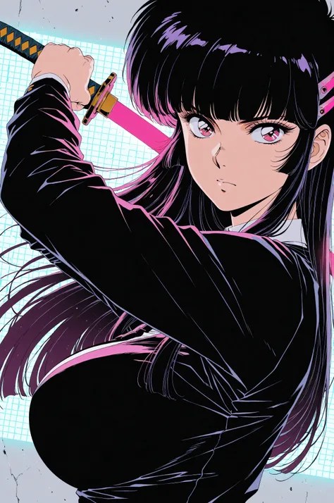 (Urushihara Satoshi:0.5),(sakimichan:0.6),1980s style,(retro,2d,flat color), masterpiece, best quality, good quality, absurdres, highres, cyber punk,
BREAK 
1girl, Face Focus, Side Angle, upper body, black hime cut, (magenta eyes), holding Katana pose,dyna...