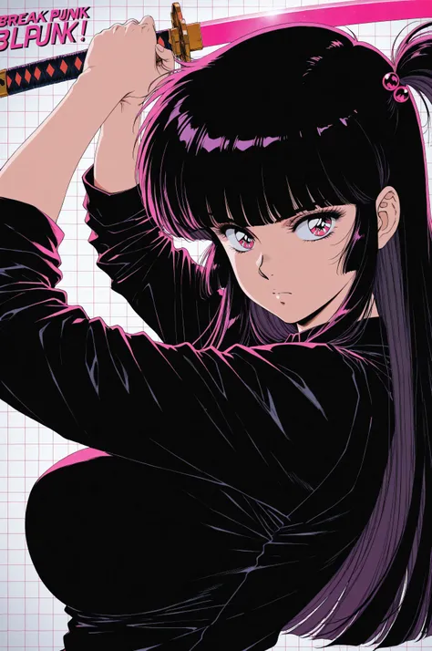 (Urushihara Satoshi:0.5),(sakimichan:0.6),1980s style,(retro,2d,flat color), masterpiece, best quality, good quality, absurdres, highres, cyber punk,
BREAK 
1girl, Face Focus, Side Angle, upper body, black hime cut, (magenta eyes), holding Katana pose,dyna...
