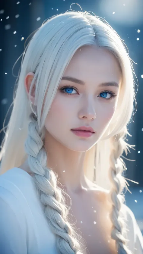 23 year old woman body, Blonde, blue eyes, white skin, unclothed, full body, tall woman, best quality, masterpiece, white hair, stearing, fair skin, side braids, extremely detailed face, long eyelashes, winter symbols, snow, detailed background, photoreali...