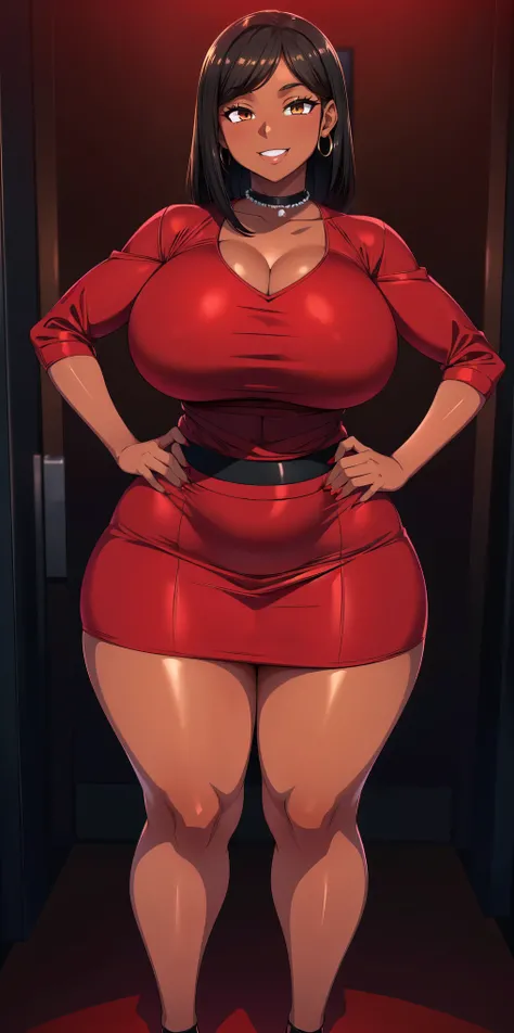4K Quality, sexy smile, (alluring dark skinned woman), thick thighs, big ass, cute eyebrows, (red tight skirt), sexy pose, hands on hips, nighttime, black and red background