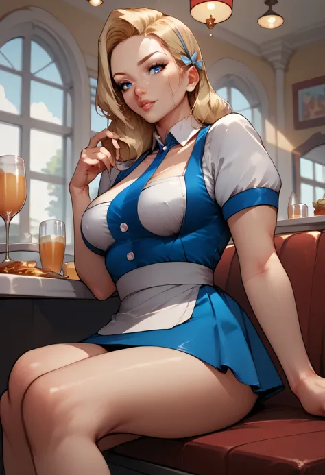 Super beautiful, Facial beauty, White, American Beauty is sitting, blue eyes, Blonde, Sexy waitress uniform, Spreading her legs, mini skirt, Inside the restaurant