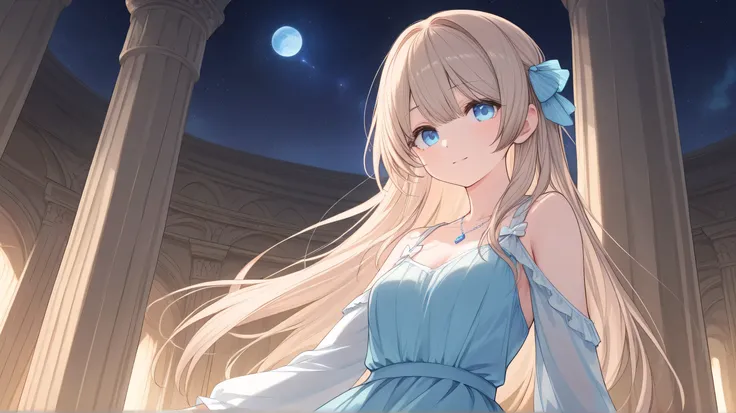 A mystical upper body illustration of a woman with long, light brown hair and blue eyes, wearing a dress, in a temple with only pillars. The night sky shows a half-Earth.