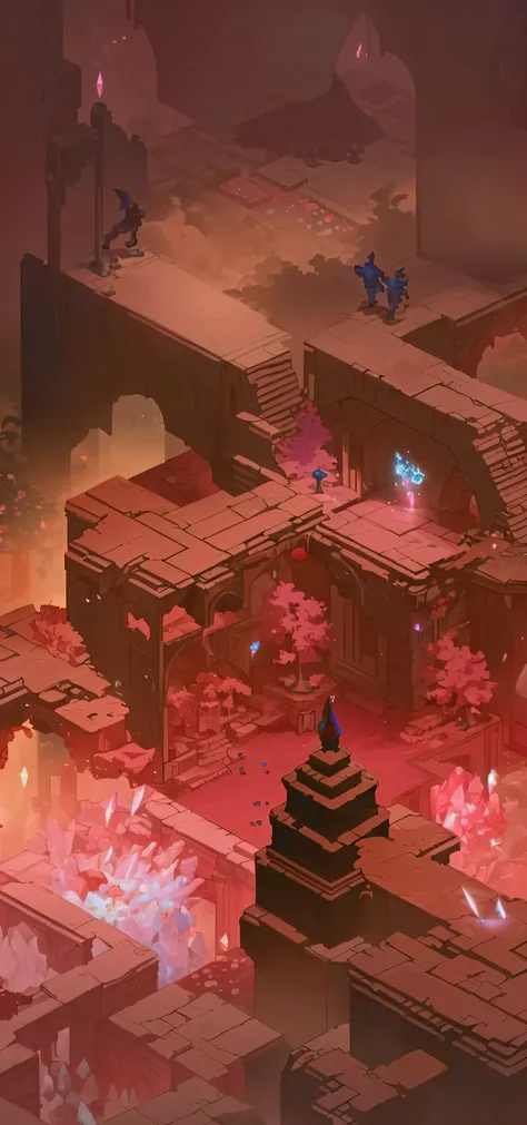 There is a game concept map featuring an ancient ruins dungeon scene, with red, blue and green crystals on the ground. It is in the style of the concept scenes from the game Genshin Impact., hyper light drifter,Crystals everywhere, crystals of all colors. ...