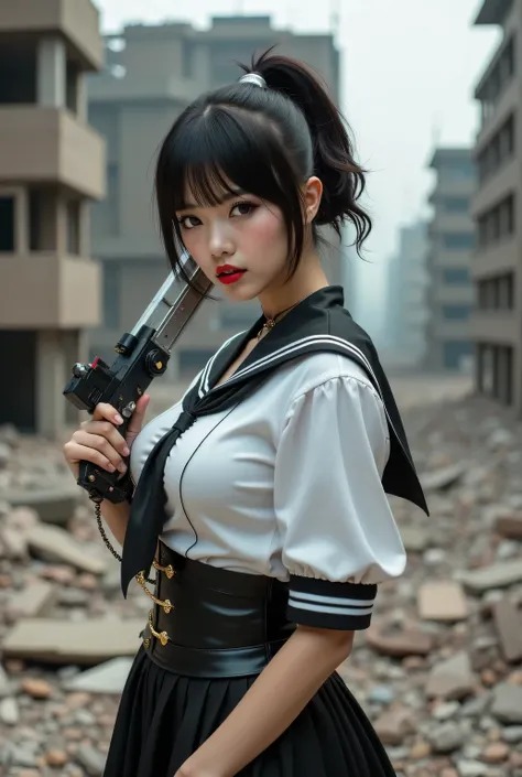 (wearing a sailor uniform).
A villainous young lady wearing a sailor uniform and carrying a weapon in battle.
Background is a destroyed city.
Super beautiful Japanese girl, villainess, looks like a intimidating dominatrix, condescending gaze, staring at th...