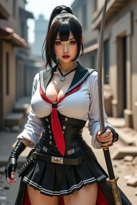 (wearing a sailor uniform).
A villainous woman wearing a sailor uniform and carrying a long sword in battle.
Background is a destroyed city.
Super beautiful Japanese woman, villainess, looks like a intimidating dominatrix, condescending gaze, staring at th...