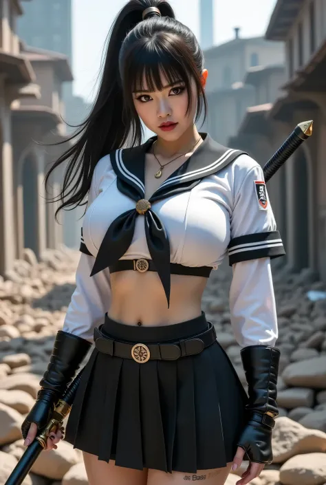 ((Wearing a sailor uniform)). ((Sailor uniform that doesn't expose the navel)).
A villainous woman wearing a sailor uniform and carrying a long sword in battle.
Background is a destroyed city.
Super beautiful Japanese woman, villainess, looks like a intimi...