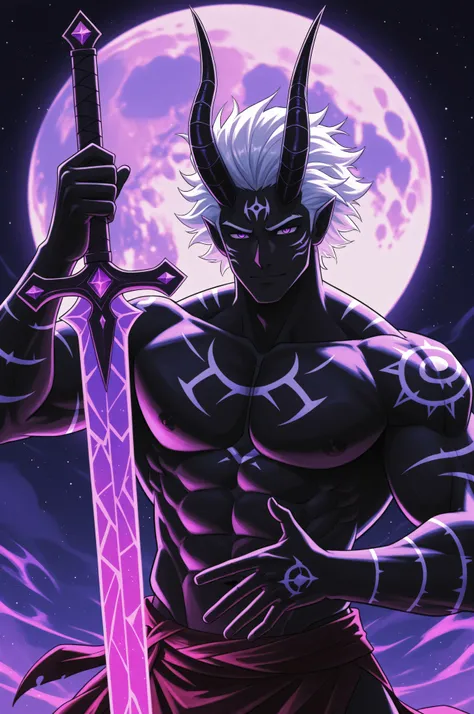 1boy,solo,flora_humanoid, male, black skin, short hair, neatly combed hair, white hair, purple eyes, tribal markings on his cheeks, luminescence,Large pectoral muscles,A huge purple moon,（The crooked horns of the devil-goat:1.5), Holding a sword in one's h...