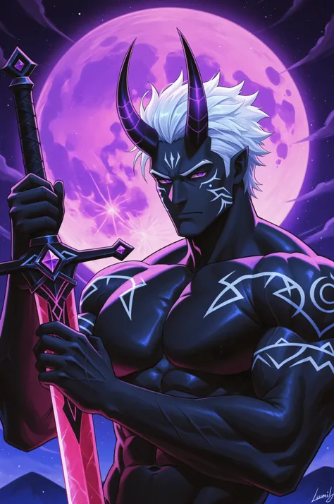 1boy,solo,flora_humanoid, male, black skin, short hair, neatly combed hair, white hair, purple eyes, tribal markings on his cheeks, luminescence,Large pectoral muscles,A huge purple moon,（The crooked horns of the devil-goat:1.5), Holding a sword in one's h...