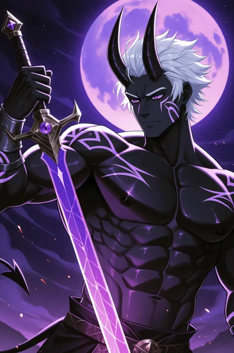 1boy,solo,flora_humanoid, male, black skin, short hair, neatly combed hair, white hair, purple eyes, tribal markings on his cheeks, luminescence,Large pectoral muscles,A huge purple moon,（The crooked horns of the devil-goat:1.5), Holding a sword in one's h...