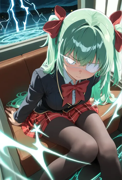 sfw, masterpiece, ultra detailed, 32K, very aesthetic, bird's eye view, beautiful Vannamelon, long green hair, (((a white eyepatch))) over the right eye, in a red plaid skirt with a black border, black jacket with a large loose red bow tie, thigh-high tigh...