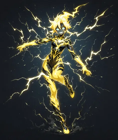 (high-quality, breathtaking),(expressive eyes, perfect face),1girl, solo, Yellow lightning skin color, blue eyes, Lightning whole body form, black thundercloud around her, dark smoke around her body full lightning body, Floating in dark sky, anime, lightni...