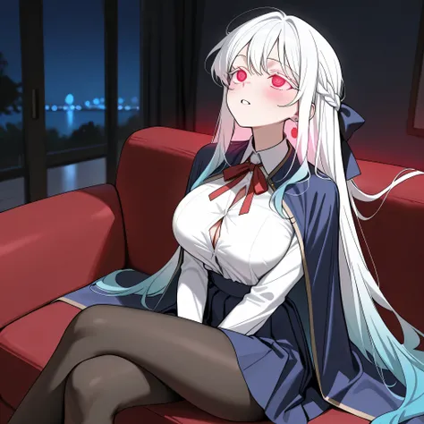 score_9, score_8_up, score_7_up, 1girl, sole female, only female, (top quality, 8k), high resolution, smooth, best quality, highly detailed, living room at night, sitting in a couch, (dark room), large breasts, glowing hypnotic waves in the background, at ...