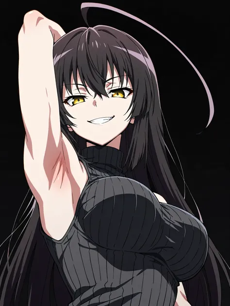 masterpiece, best quality, amazing quality, anime screencap, anime coloring, 1girl, solo, sendai hakurei no miko, black hair, huge ahoge, very long hair, (muscular female:0.9), yellow eyes, large breasts, black sweater, sleeveless sweater, ribbed sweater, ...