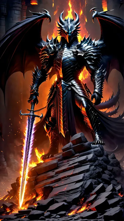 A dark armored dragon knight awakening from a seal, shadow of a giant black dragon behind, cracked earth and fire pillars, holding a flaming sword, intense gaze, surrounded by destructive aura