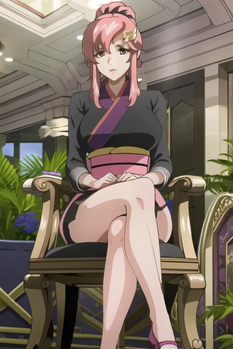 A woman with a very nice smile，bright expression,The pink hair ，ponytail hair ，Big Breasts，Big Breastsでもウエストが細い，Miniskirt，black panties，sitting on a chair with her legs aligned，，Beautiful legs,high heels，，                 ,，（（（ I'm wearing a black and pink...