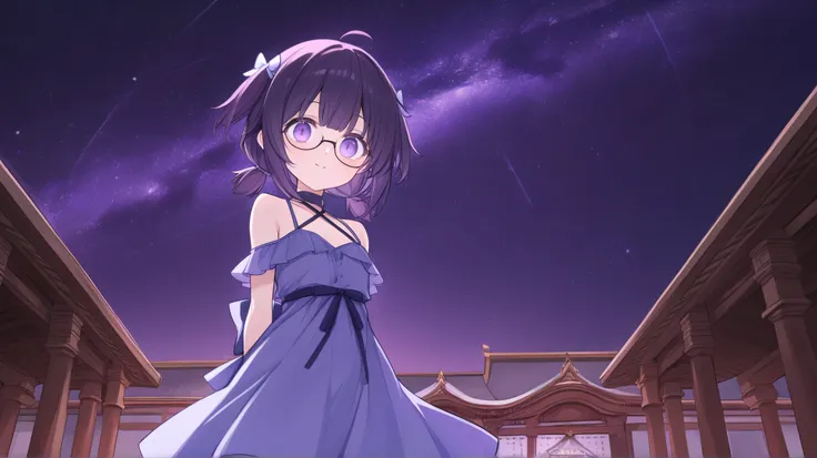 wearing cute glasses、 dress、In a temple with only columns、Mysterious illustration of the upper body of a purple-eyed woman with purple short tails。I can see half of the Earth in the night sky。I want you to tie your hands behind your back