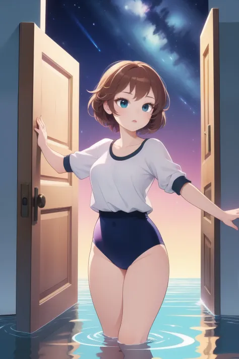 (masterpiece, best quality, detailed:1.5), 1girl, open door, night sky inside frame, standing in water, futurama style,black high leg bloomers,Mouri Ran,wearing black gymnastics bloomers,high leg, white blouse,cowboy shot