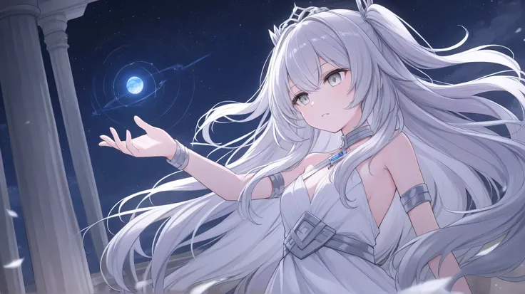 dress、In a temple with only columns、Mysterious illustration of the upper body of a woman with long, wavy silver hair and silver eyes。I can see half of the Earth in the night sky。