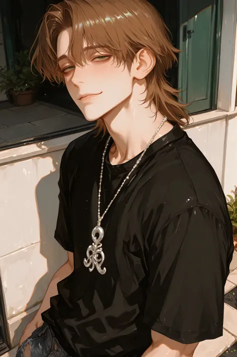 face, portrait, face focus, from side, closed mouth, hands in pockets, looking at viewer, slightly smile, 1boy, (femboy), solo, pale, ((green-gray eyes)), brown hair, mullet, black roots, loose black shirt, cropped torn jeans, silver necklace, (((detailed ...