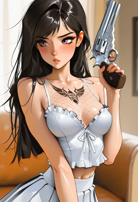 masterpiece, best quality, very aesthetic, movie quality, depth of field, soft saturation, focused subject, ,official style, shiny skin,1girl, long hair, long black hair, pastel pink_eyes, side swept bangs, tattoos, feline eyeliner, e-girl, slender body, c...